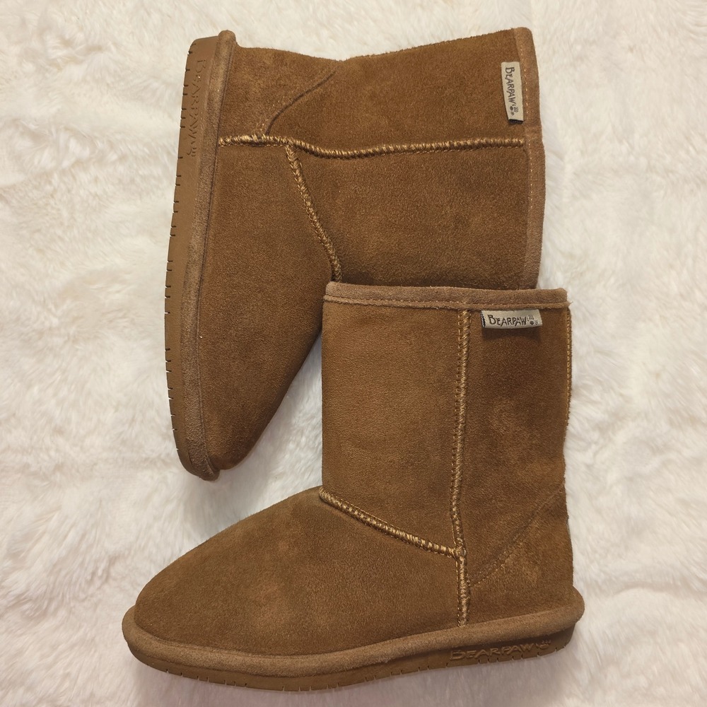 Bearpaw Emma Mid Boots Kids Size 3 Hickory Brown Excellent Suede Sheepskin Boots